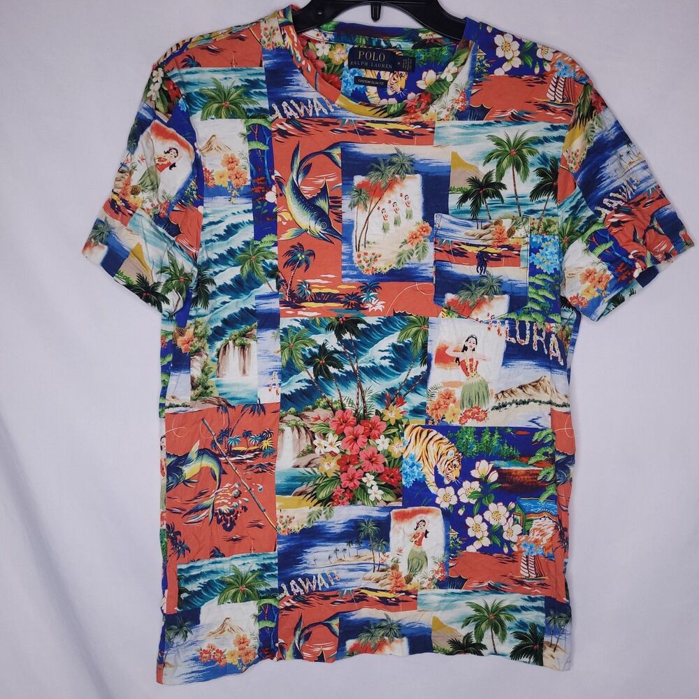 Polo Ralph Lauren T Shirt Mens Medium Hawaiian Print Hula Girl Tropical Slim Fit